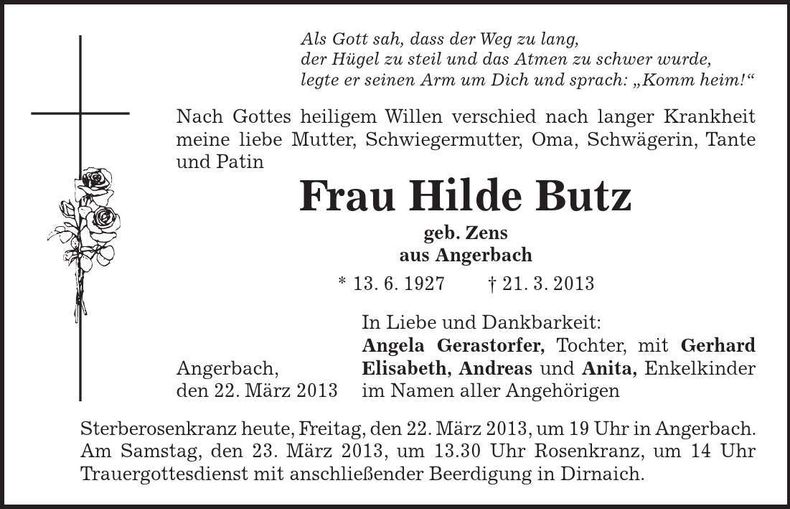 Traueranzeige Hilde Butz