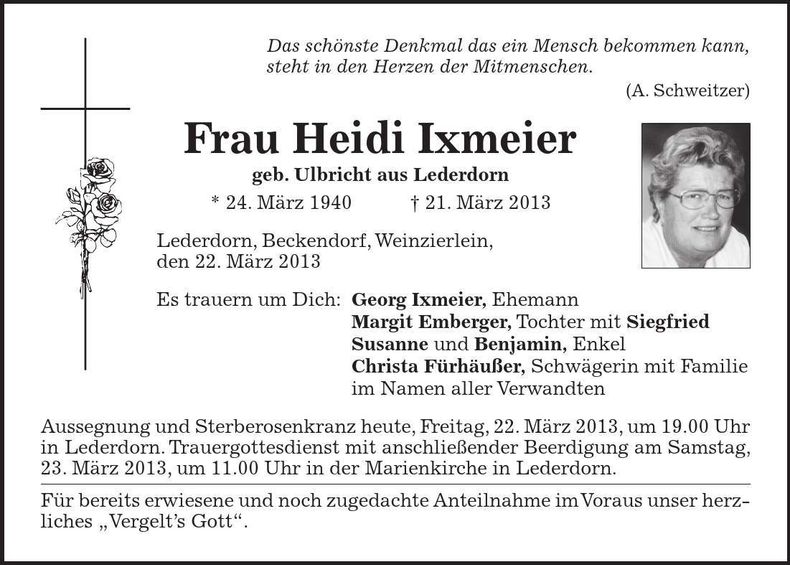 Traueranzeige Heidi Ixmeier