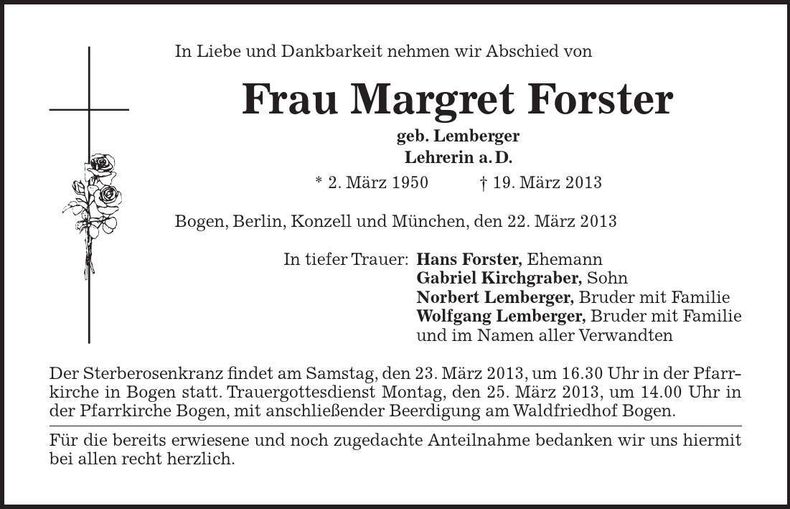 Traueranzeige Margret Forster