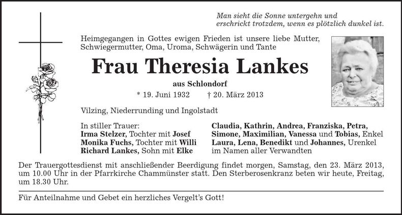 Traueranzeige Theresia Lankes