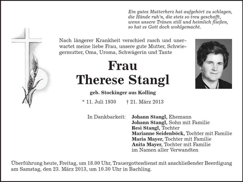 Traueranzeige Therese Stangl