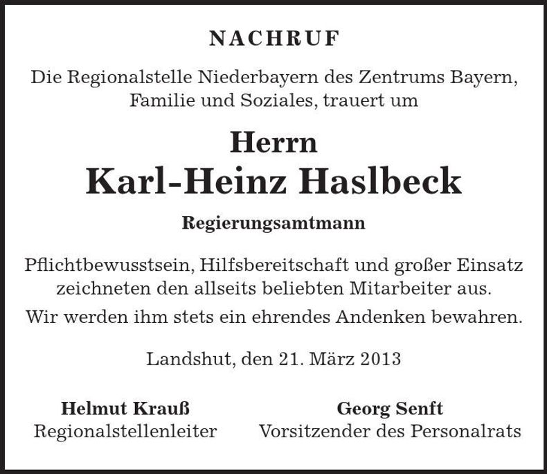 Traueranzeige Karl-Heinz Haslbeck