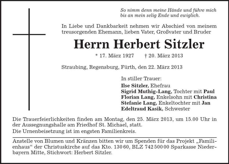 Traueranzeige Herbert Sitzler