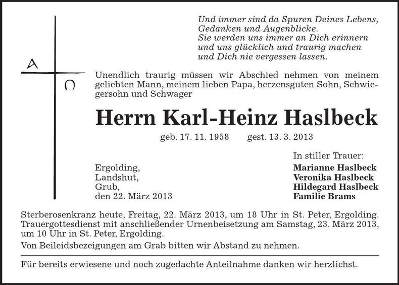 Traueranzeige Karl-Heinz Haslbeck