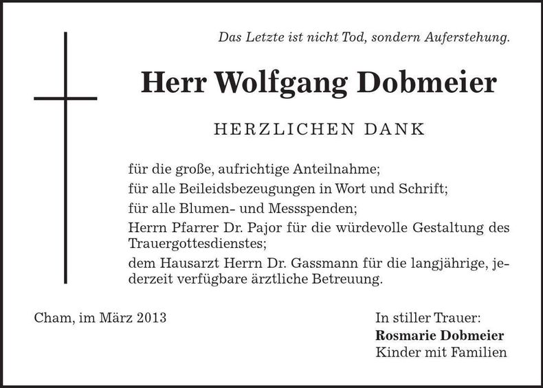 Traueranzeige Wolfgang Dobmeier