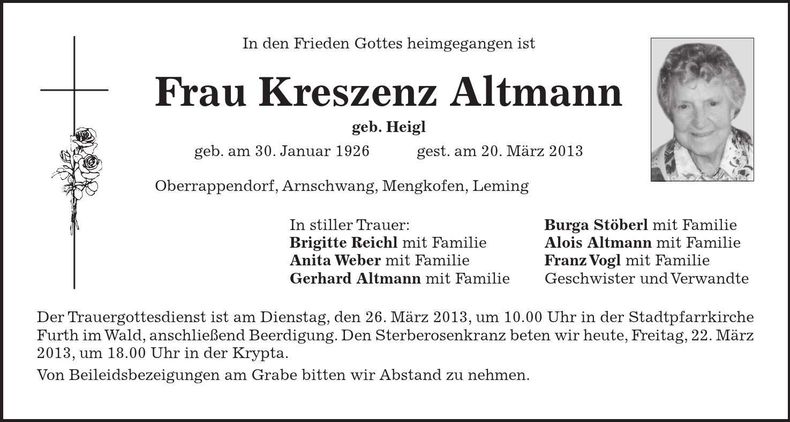 Traueranzeige Kreszenz Altmann
