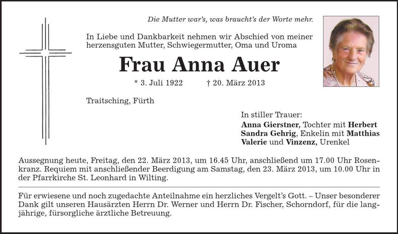 Traueranzeige Anna Auer