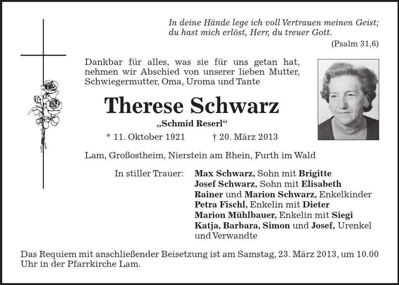 Traueranzeige Therese Schwarz