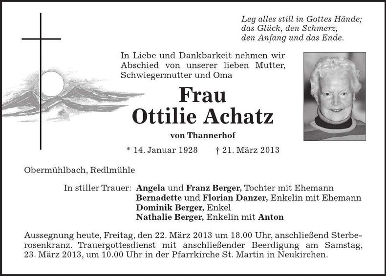 Traueranzeige Ottilie Achatz