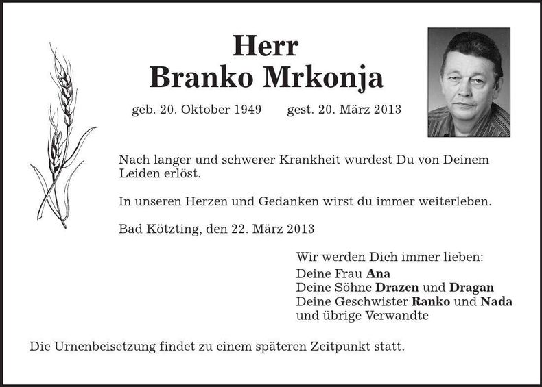 Traueranzeige Mrkonja Branko