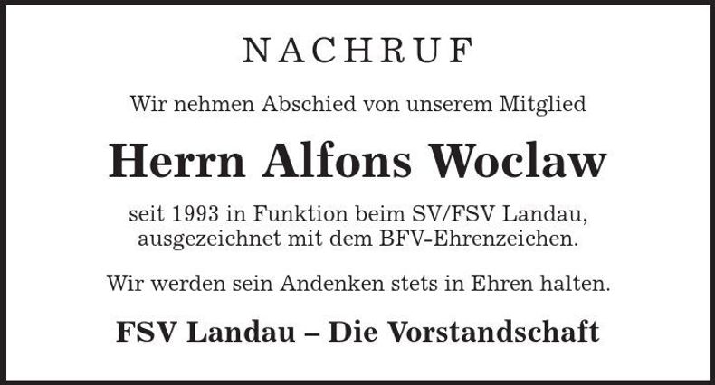 Traueranzeige Alfons Woclaw