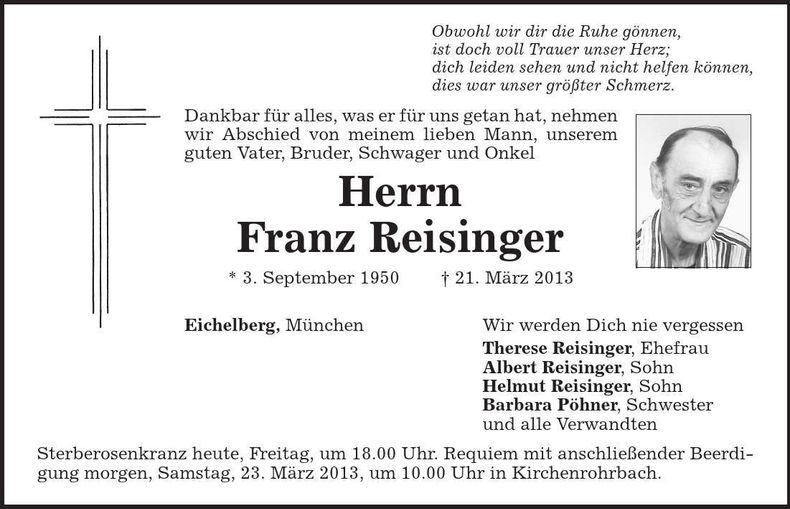 Traueranzeige Franz Reisinger