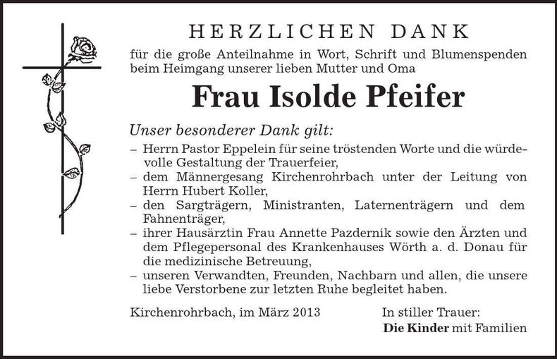 Traueranzeige Isolde Pfeifer