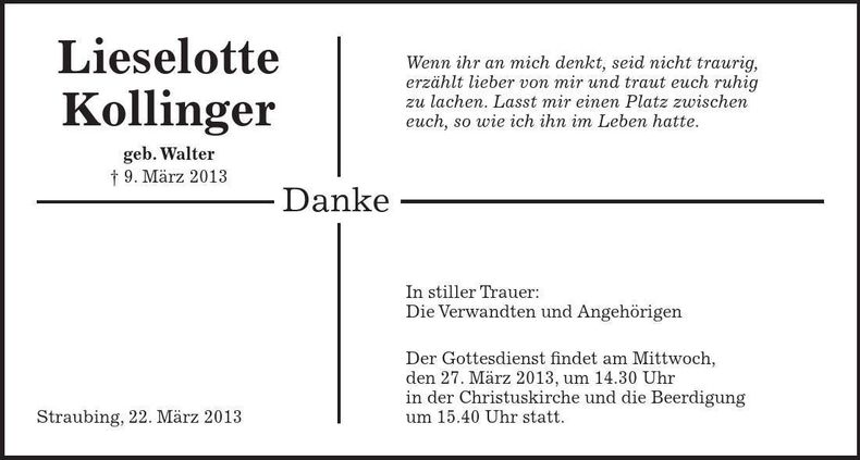 Traueranzeige Lieselotte Kollinger