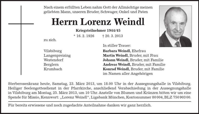 Traueranzeige Lorenz Weindl