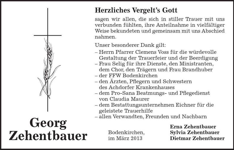 Traueranzeige Georg Zehentbauer
