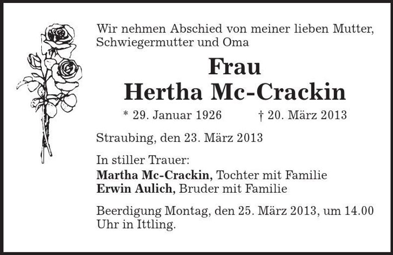 Traueranzeige Hertha Mc-Crackin