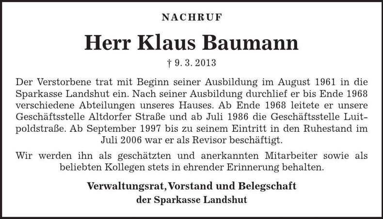 Traueranzeige Klaus Baumann