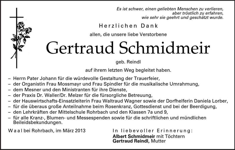 Traueranzeige Gertraud Schmidmeir