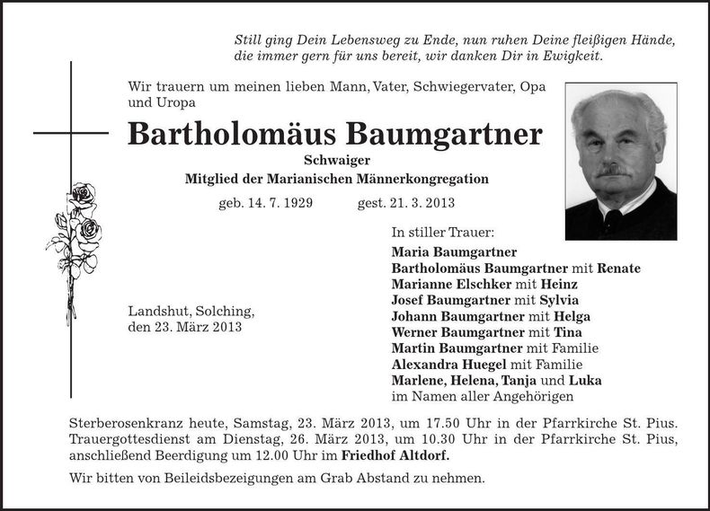 Traueranzeige Bartholomäus Baumgartner