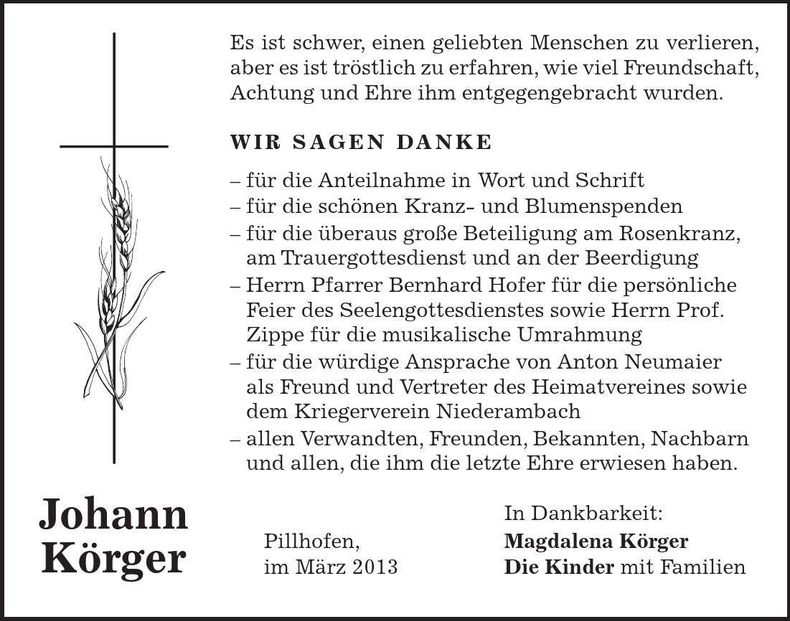 Traueranzeige Johann Körger