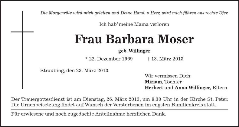 Traueranzeige Barbara Moser