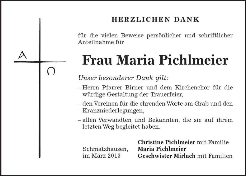 Traueranzeige Maria Pichlmeier