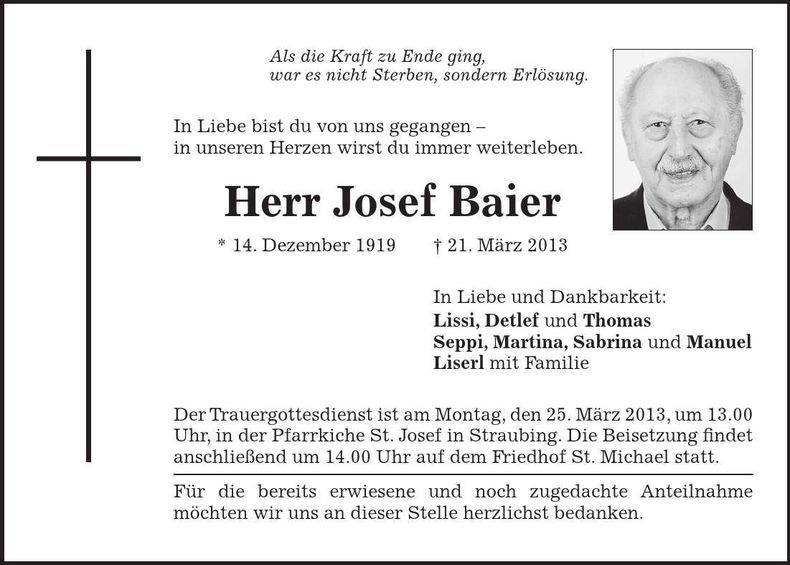 Traueranzeige Josef Baier