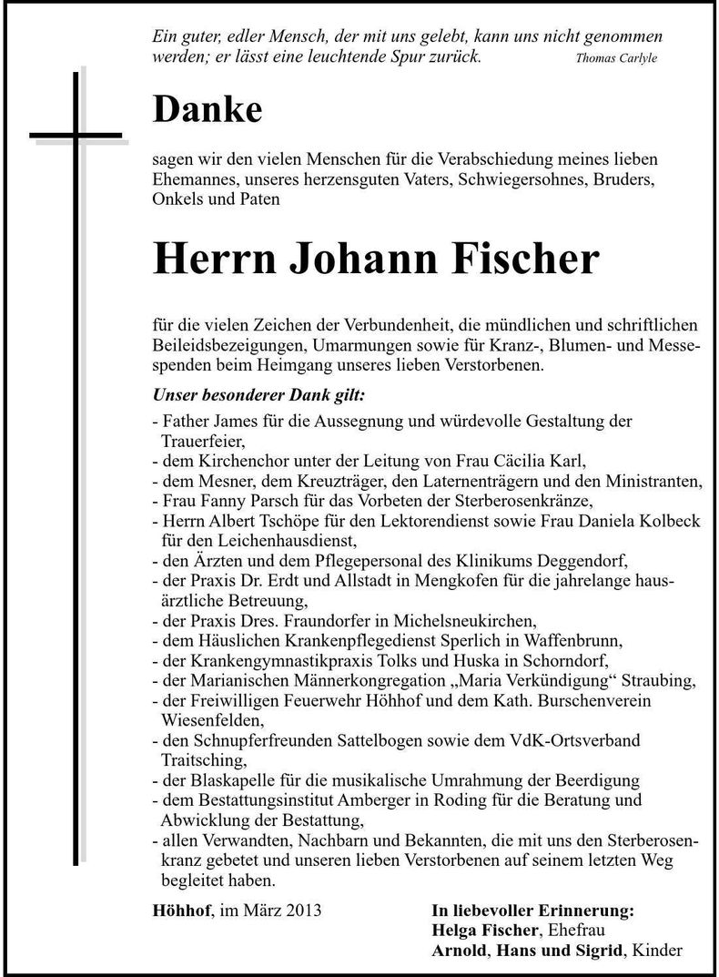Traueranzeige Johann Fischer