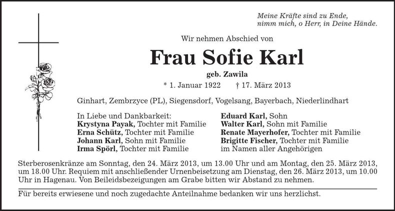 Traueranzeige Sofie Karl
