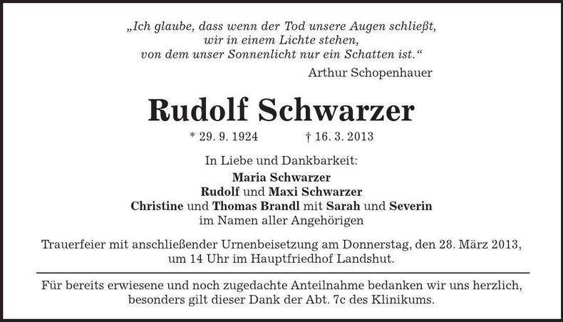 Traueranzeige Rudolf Schwarzer