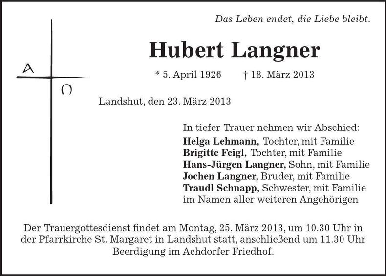 Traueranzeige Hubert Langner
