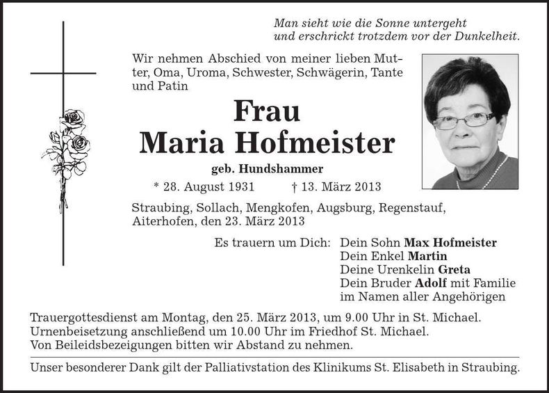 Traueranzeige Maria Hofmeister
