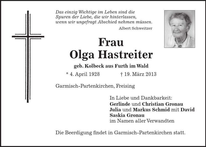 Traueranzeige Olga Hastreiter