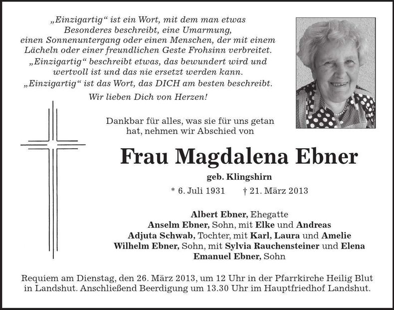 Traueranzeige Magdalena Ebner