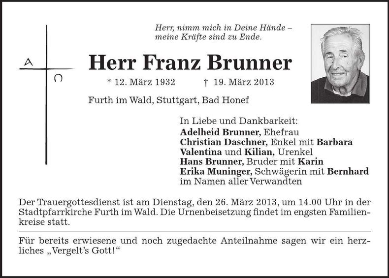 Traueranzeige Franz Brunner