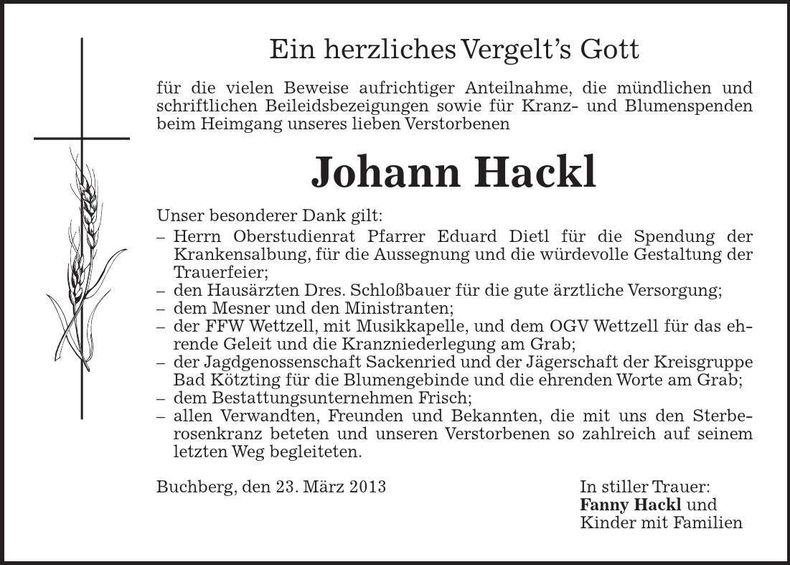 Traueranzeige Johann Hackl
