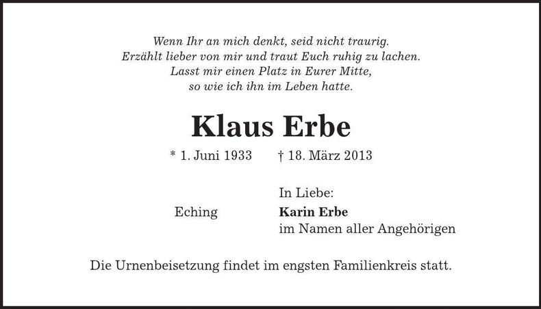 Traueranzeige Klaus Erbe
