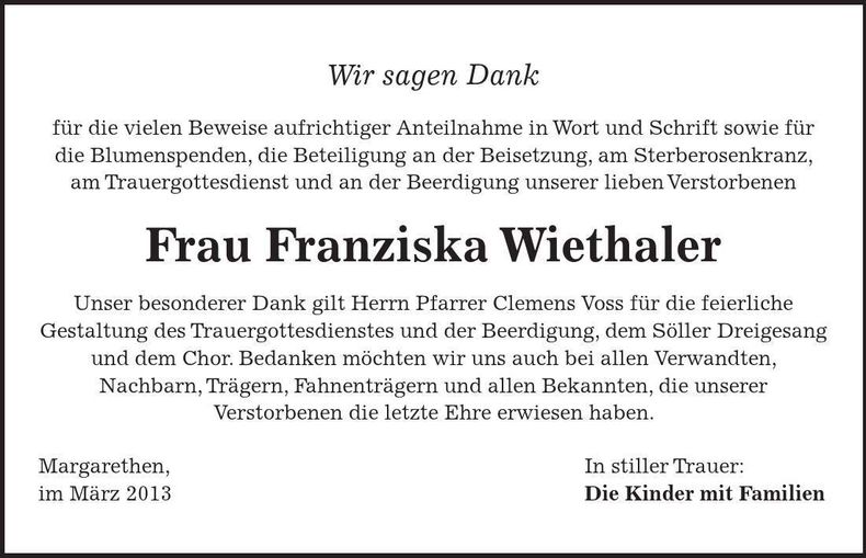 Traueranzeige Franziska Wiethaler