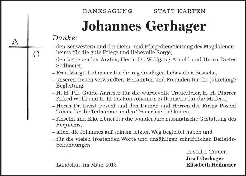 Traueranzeige Johannes Gerhager