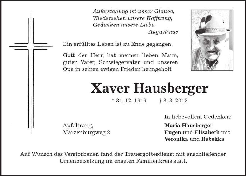 Traueranzeige Xaver Hausberger