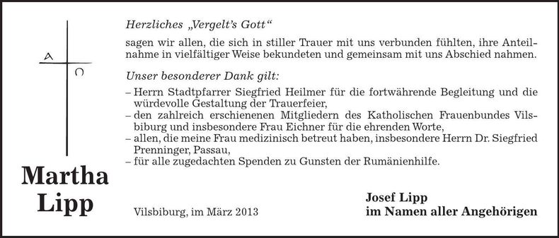 Traueranzeige Martha Lipp