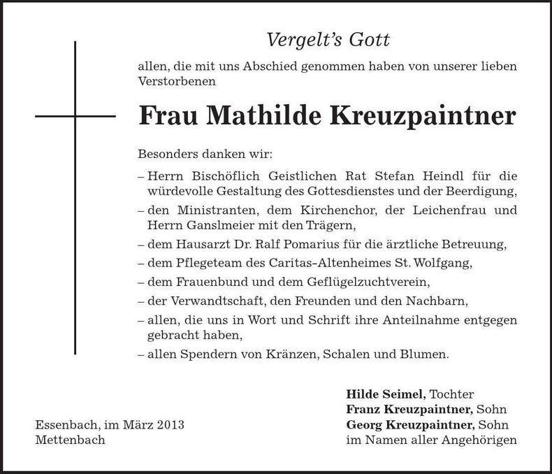 Traueranzeige Mathilde Kreuzpaintner