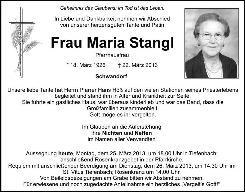 Traueranzeige Maria Stangl