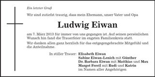 Traueranzeige Ludwig Eiwan