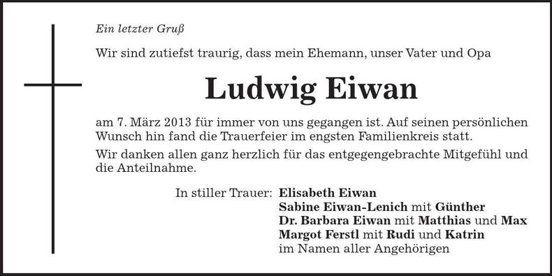Traueranzeige Ludwig Eiwan