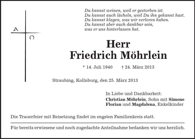 Traueranzeige Friedrich Möhrlein