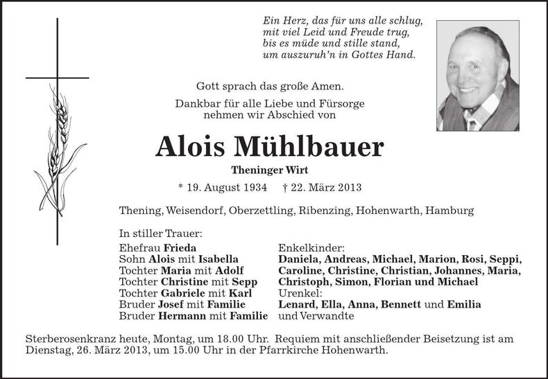 Traueranzeige Alois Mühlbauer