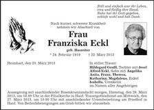 Traueranzeige Franziska Eckl