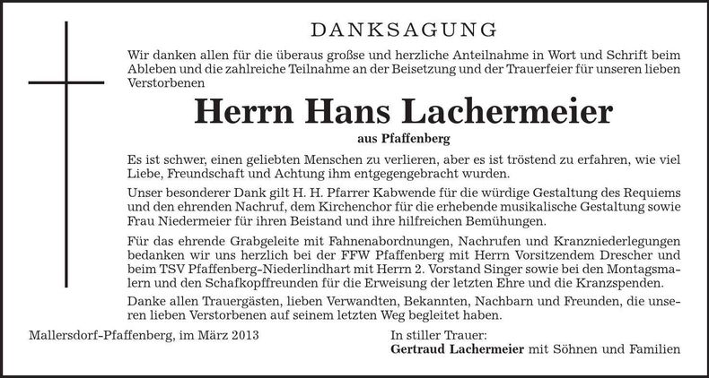 Traueranzeige Hans Lachermeier